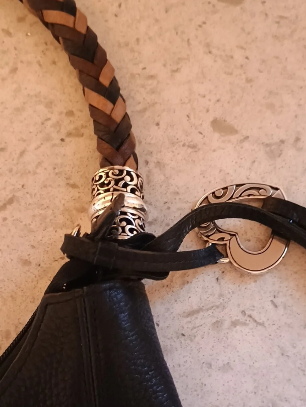 Brighton Black Pebbled Leather Barbados Zip Up Hobo Bag with Braided Strap